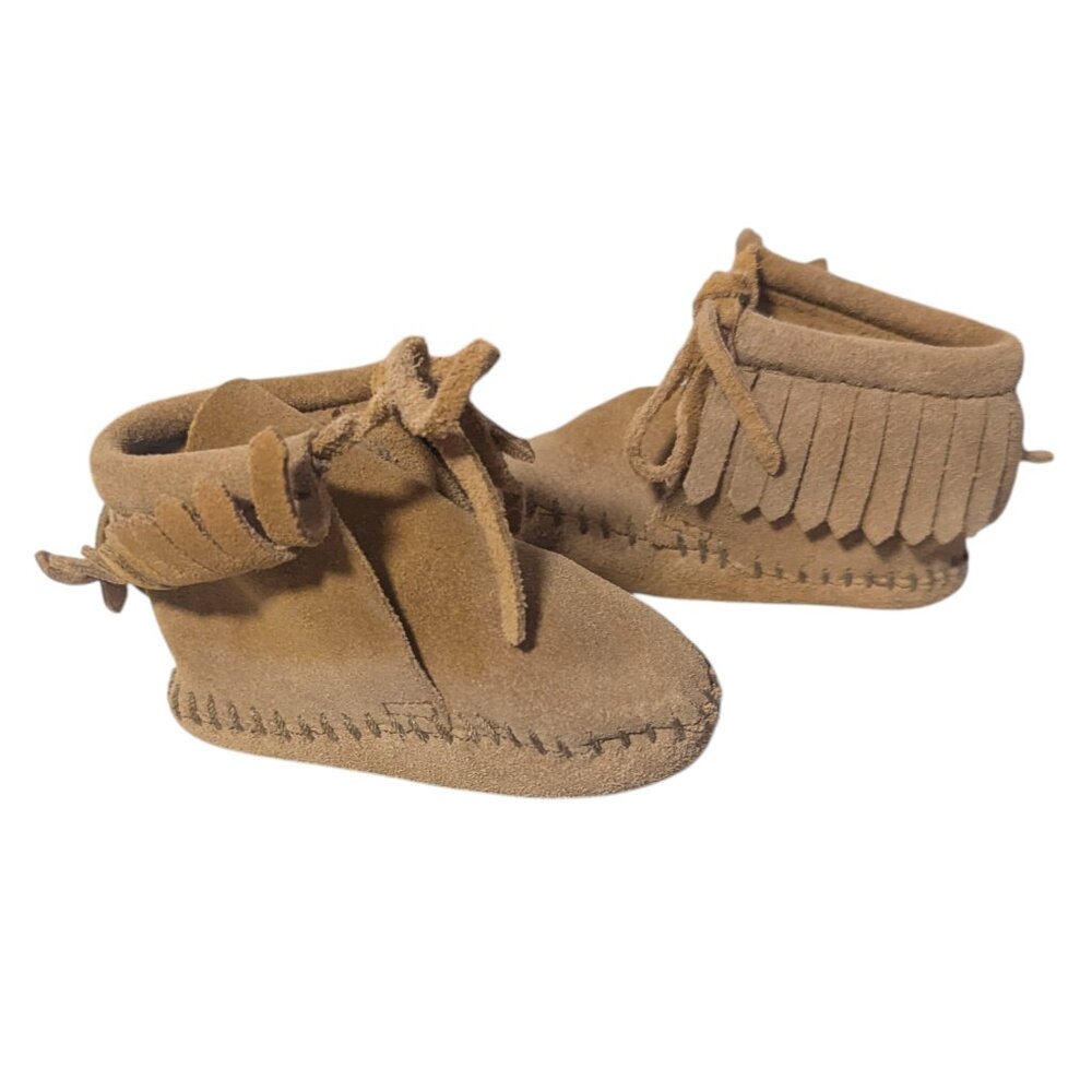 Minnetonka‎ Moccasins Baby Leather 2-Tiered Fringe Pull On Suede Tan Light Brown